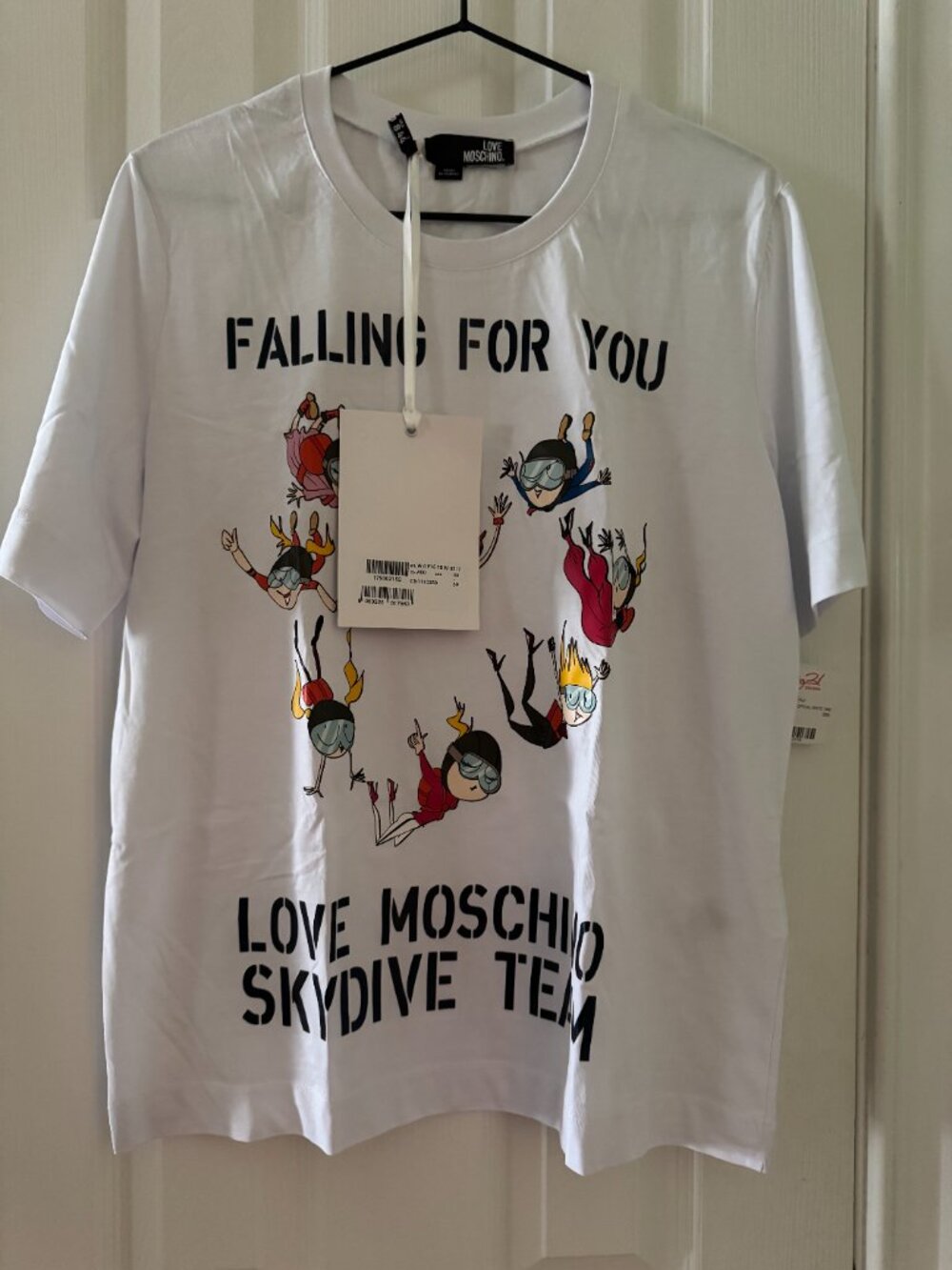 Moschino "Falling For You-Skydive Team" White Tee, Size IT 44/US 8